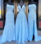 Long Semi Formal Prom Dresses with Applique,8th Graduation Dress School Dance Sky Blue Semi Formal Prom Dresses